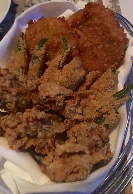 Southern fry basket of gulf oysters, okra and green tomatoes